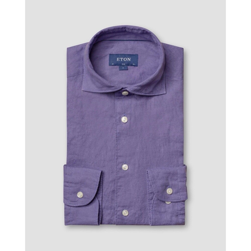 Eton Collar Stay Linen Shirt Mens M 15 3/4 - 40 Purple Slim Fit Button Down NEW